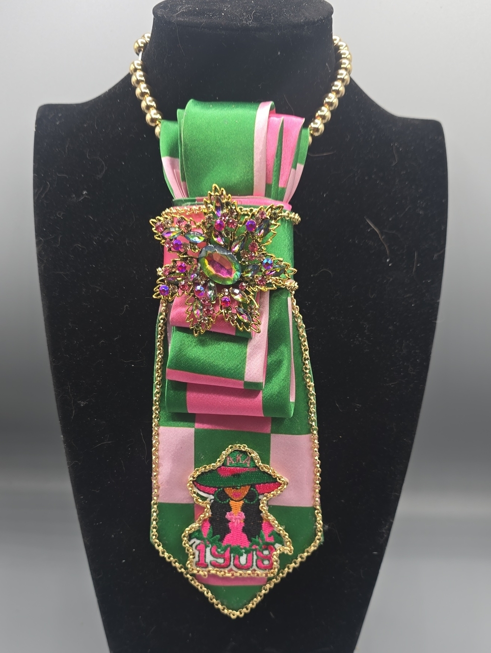 Pink And Green AKA Tie Necklace with jeweled Brooch